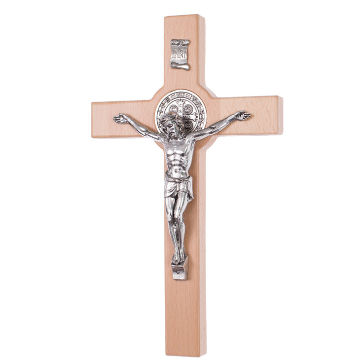 Houten hangend Sint Benedictus kruis met pasque naturel 28x16x1.8cm