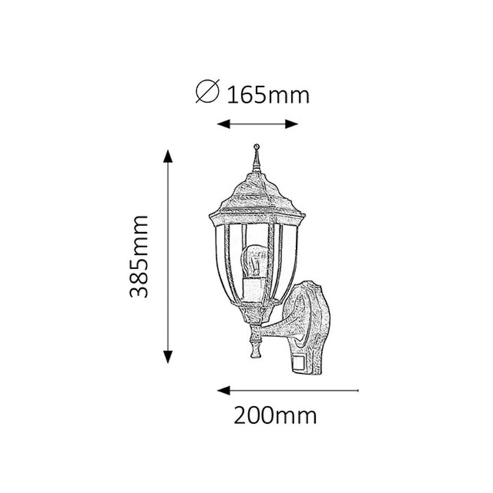 Rabalux Nizza wandlamp in antiek goud met bewegings- en schemersensor. E27 schroefdraad, vermogen 60 W, beschermingsgraad IP43.