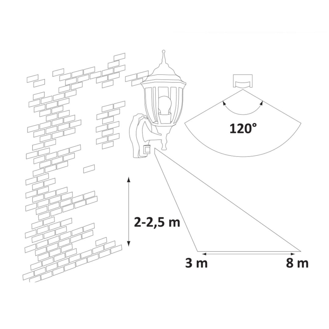 Aplique Nizza de Rabalux en oro antiguo con sensor de movimiento y crepuscular. Rosca E27, potencia 60 W, grado de protección IP43.