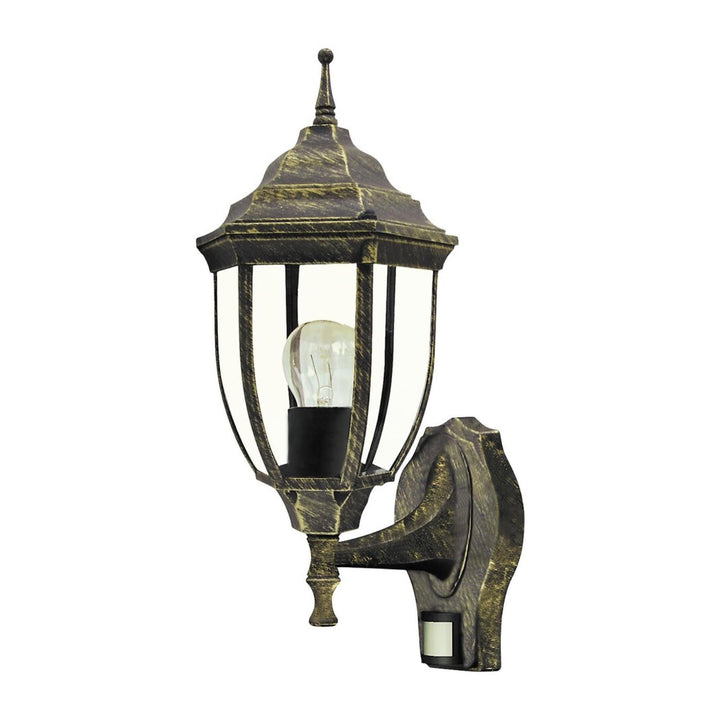 Lampe murale Rabalux Nizza en or antique avec détecteur de mouvement et de crépuscule. Filetage E27, puissance 60 W, degré de protection IP43.