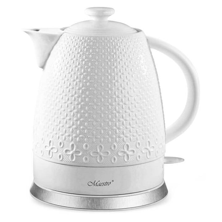 1.5L Decorative Ceramic Electric Kettle White 1200W Cordless Elegant Design Flower Floral Serving Tea Pot Design Auto Shut Off