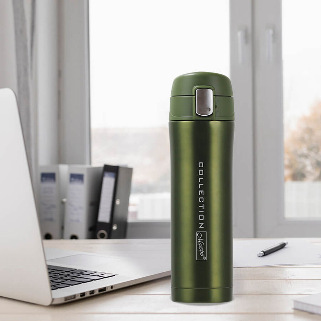 Maestro MR1641 450ml Thermal Mug Vacuum Flask Thermos Insulated Hot Cold Coffee Tea Green Button Opening