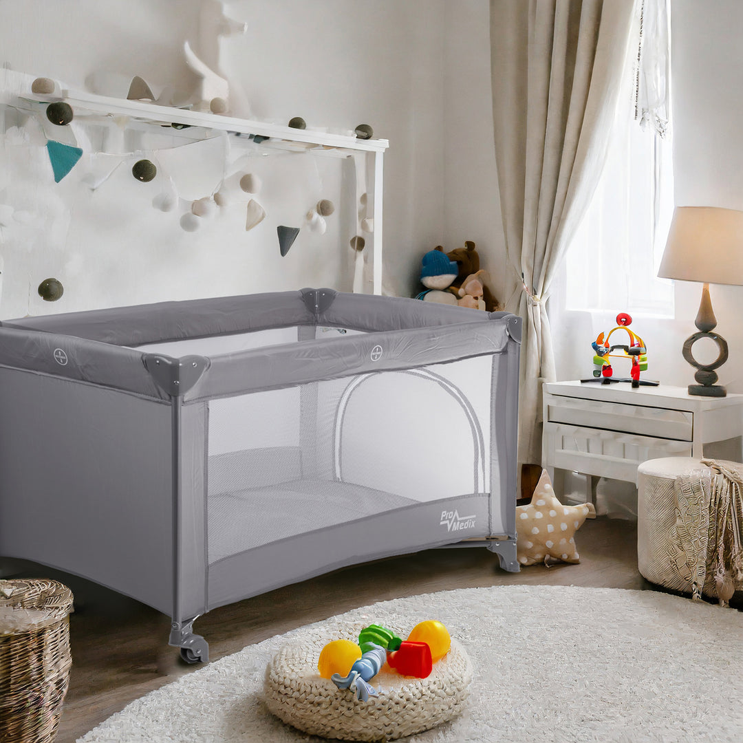 Promedix PR-803G Travel Baby Cot with Wheels - Grey Bed Crib 125x65x74cm Casters Protective Cover