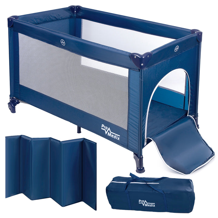 Promedix PR-803B Travel Baby Cot with Wheels - Navy Blue Bed Crib 125x65x74cm Casters Protective Cover