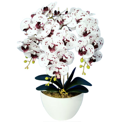 Orquídea artificial Damich en maceta, planta, decoración de flores artificiales, 3 ramas con flores, altura aproximada de 60 cm, manchada de color blanco