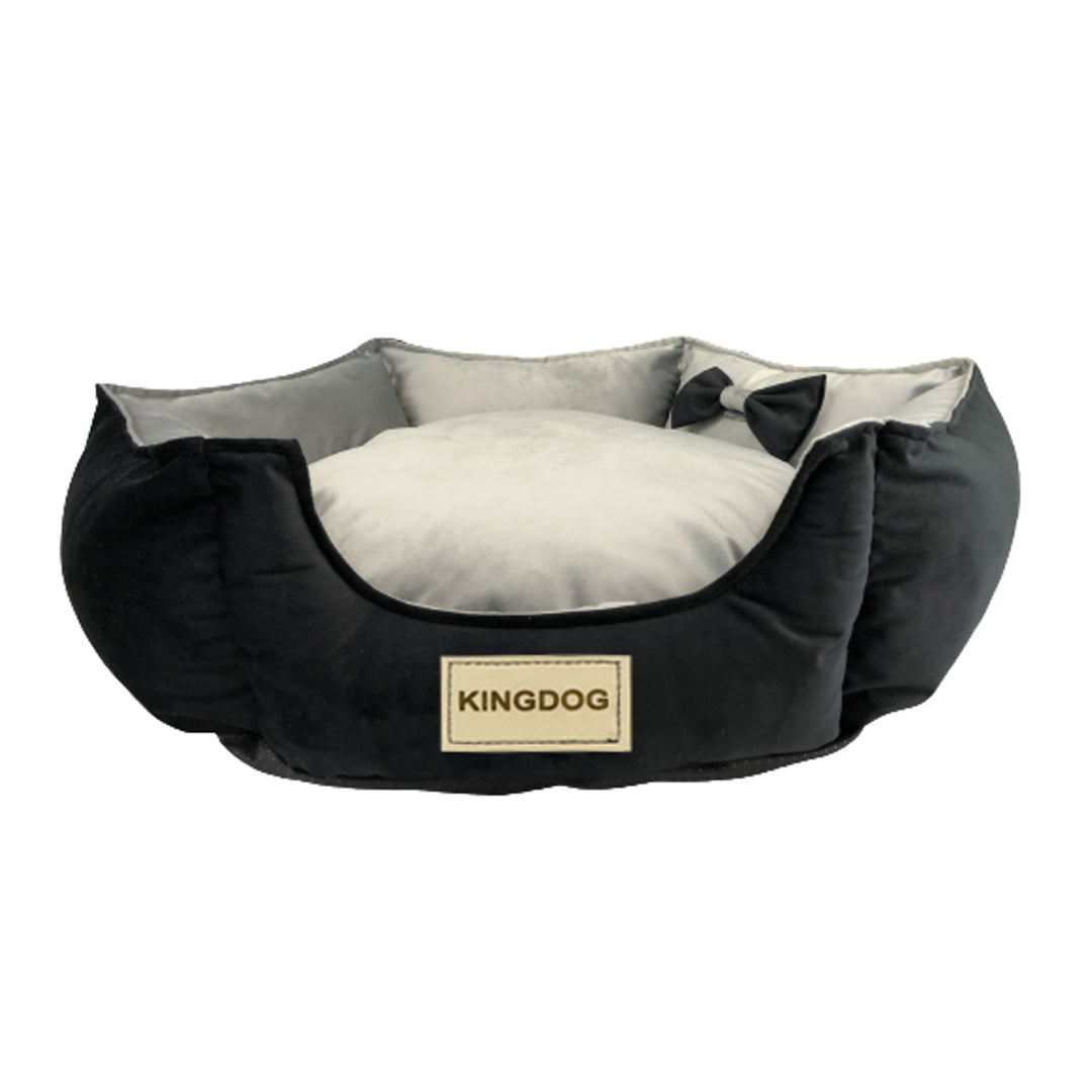 KingDog Prestige Velvet Dog Bed with Removable Cover and Non-Slip Bottom Dog Basket Pet Bed Animal Bed Hexagonal Decorative Velour (Diameter: 50 cm, Black/Grey)