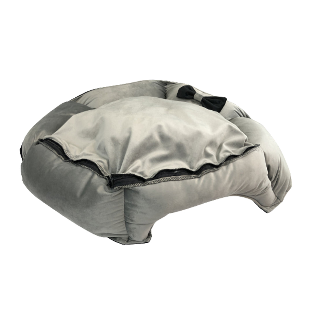 KingDog Prestige Samtiges Hundebett mit abnehmbarem Bezug und rutschfestem Boden Hundekorb Haustierbett Tierbett Sechseckig Deko-Velour (Durchmesser: 50 cm, Schwarz/Grau)