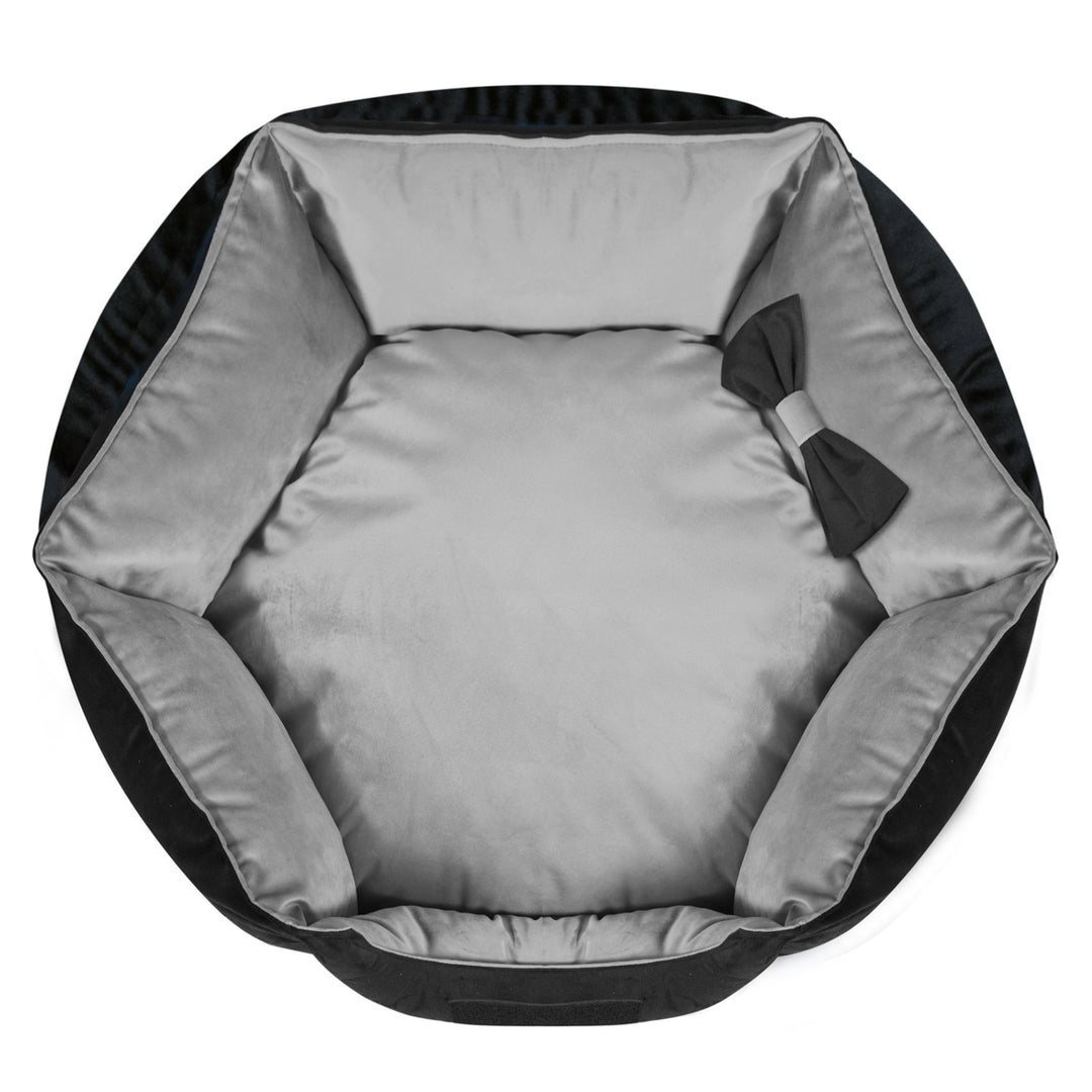 KingDog Prestige Samtiges Hundebett mit abnehmbarem Bezug und rutschfestem Boden Hundekorb Haustierbett Tierbett Sechseckig Deko-Velour (Durchmesser: 50 cm, Schwarz/Grau)