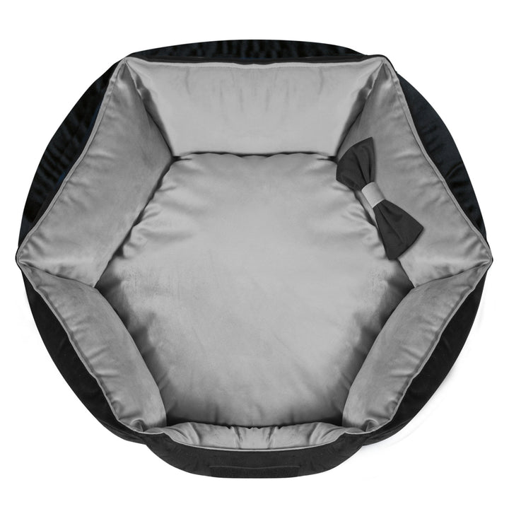 KingDog Prestige Samtiges Hundebett mit abnehmbarem Bezug und rutschfestem Boden Hundekorb Haustierbett Tierbett Sechseckig Deko-Velour (Durchmesser: 50 cm, Schwarz/Grau)