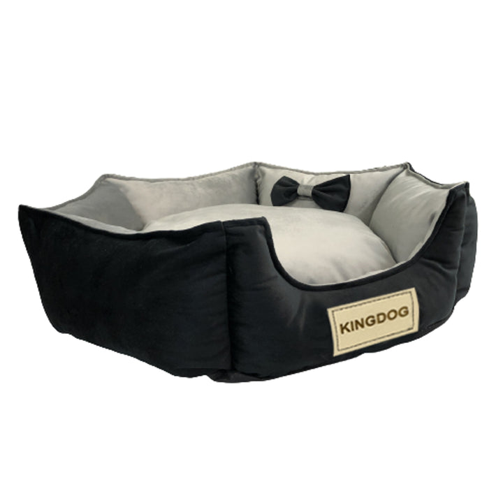 KingDog Prestige Samtiges Hundebett mit abnehmbarem Bezug und rutschfestem Boden Hundekorb Haustierbett Tierbett Sechseckig Deko-Velour (Durchmesser: 50 cm, Schwarz/Grau)