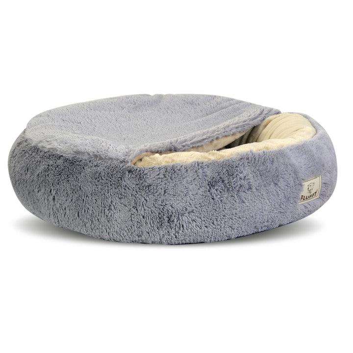 KingDog Shaggy Fluffy Cama para Perros Gatos Mascotas con Capucha Cama Cubierta Shaggy Hair 18 mm Relleno de Silicona Gris Claro (Diametro: 50 cm)