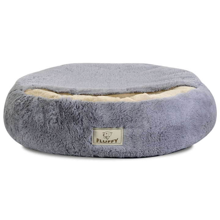 Shaggy Fluffy Haustierbett mit Kapuze Bett für Katzen/Hunde Kuschelbett Hundebett Katzenbett Minky-Haar Shaggy 18 mm Silikon-Füllung Hellgrau (Durchmesser: 50 cm)