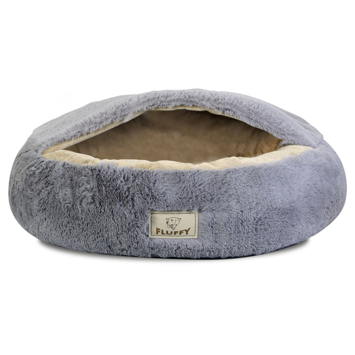 Shaggy Fluffy Pet Bed with Hood Bed for Cats/Dogs Cuddle Bed Dog Bed Cat Bed Minky Hair Shaggy 18 mm Silicone Filling Light Gray (Diameter: 50 cm)