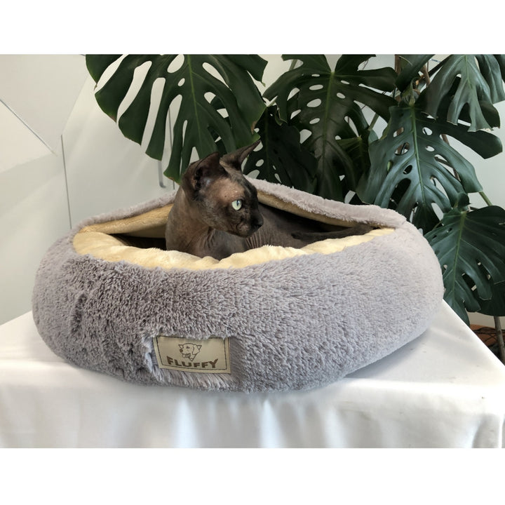 Shaggy Fluffy Pet Bed with Hood Bed for Cats/Dogs Cuddle Bed Dog Bed Cat Bed Minky Hair Shaggy 18 mm Silicone Filling Light Gray (Diameter: 50 cm)