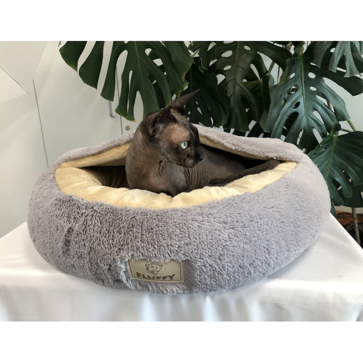 Shaggy Fluffy Pet Bed with Hood Bed for Cats/Dogs Cuddle Bed Dog Bed Cat Bed Minky Hair Shaggy 18 mm Silicone Filling Light Gray (Diameter: 50 cm)