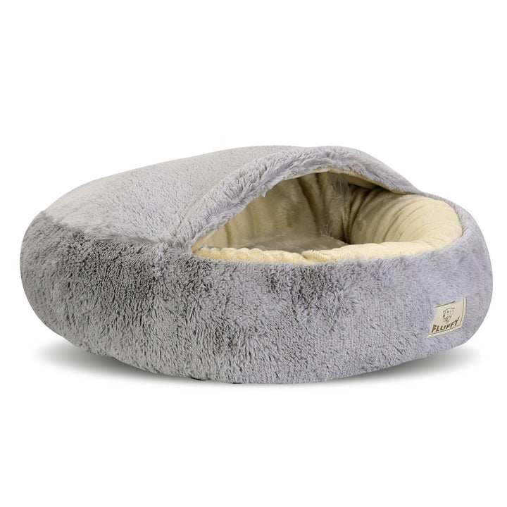 Shaggy Fluffy Haustierbett mit Kapuze Bett für Katzen/Hunde Kuschelbett Hundebett Katzenbett Minky-Haar Shaggy 18 mm Silikon-Füllung Hellgrau (Durchmesser: 50 cm)