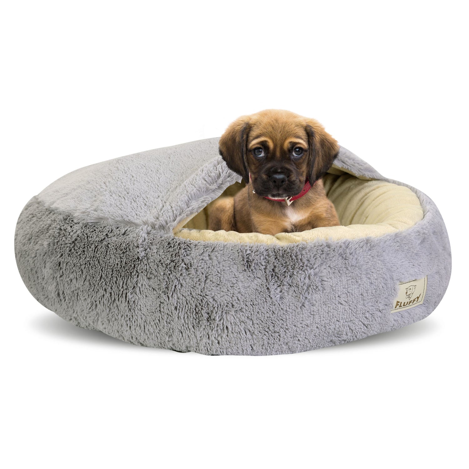 Shaggy Fluffy Pet Bed with Hood Bed for Cats Dogs Cuddle Bed Dog Bed Cat Bed Minky Hair Shaggy 18 mm Silicone Filling Light Gray Diameter 60 cm