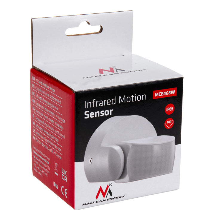 Maclean MCE468 W PIR Motion Sensor Infrared IP65 White Range 12m max load 600/1200W 180° Detection Angle