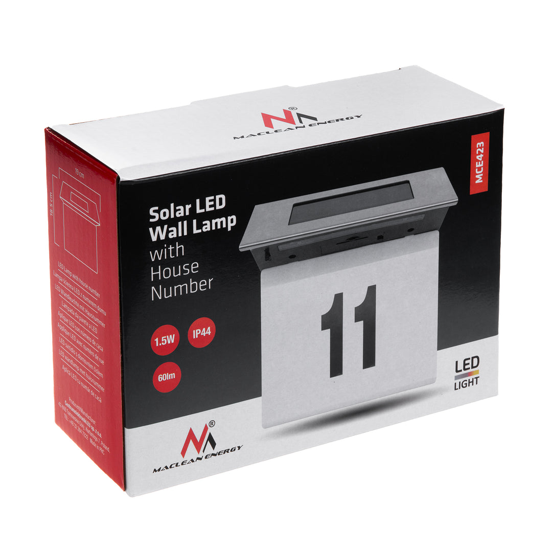 Maclean MCE423 Lámpara LED Solar con Número de Casa, IP44, 1W, 60lm, 6000K, Batería Recargable de 600 mAh, 2,5V DC 70mA