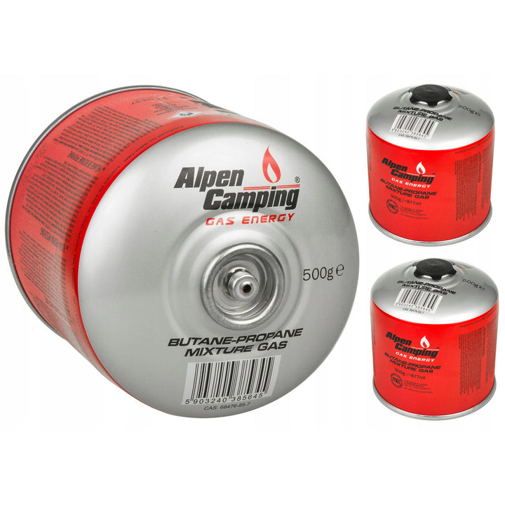 3x Alpen Camping 500g Gaskartusche, Zertifikat: Pi 0437, entspricht EN417, Propan-Butan, Bereich -10°c bis + 40°c, 7/16" Ventil IK008