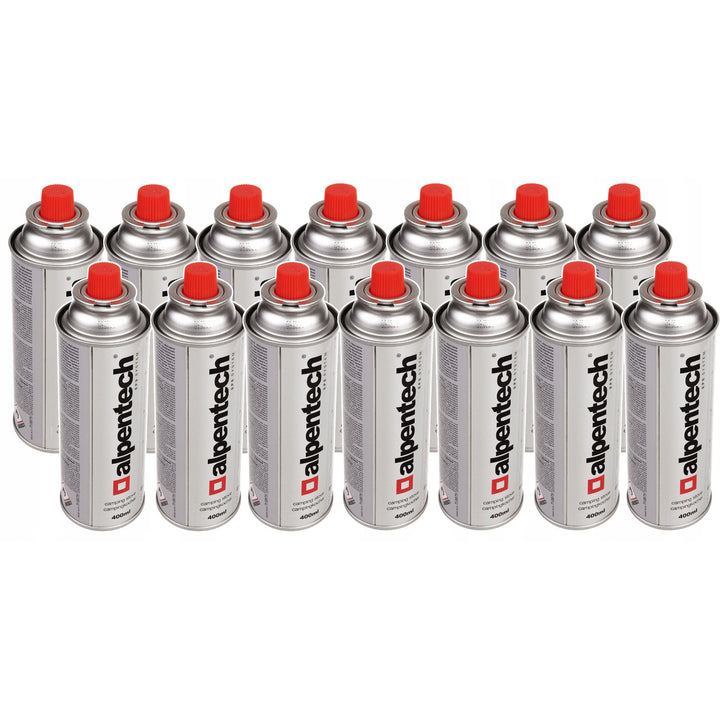 14x 380ml cartucho de gas Alpentech, certificación: Pi 0875, conforme a EN521, butano, rango de funcionamiento -10°C a + 40°C, IK300