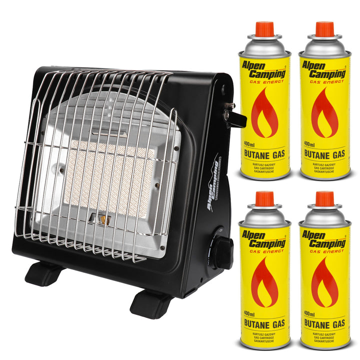 Alpen Camping IK1100 2 in 1 Gasofen mit Kocherfunktion Tragbarer Gasheizer + 4x 400ml Kartuschen Campingkocher Gaskocher Gasverbrauch 108g/h Piezozündung