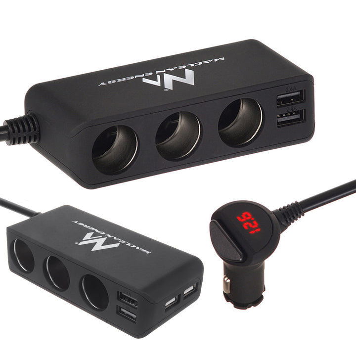 Maclean Car Lighter Socket Splitter, Voltmeter, 3 Lighter Sockets, 4xUSB, 4.8A, max 120W, Black, Rubberized, MCE117A+ USB-C Cable 1m