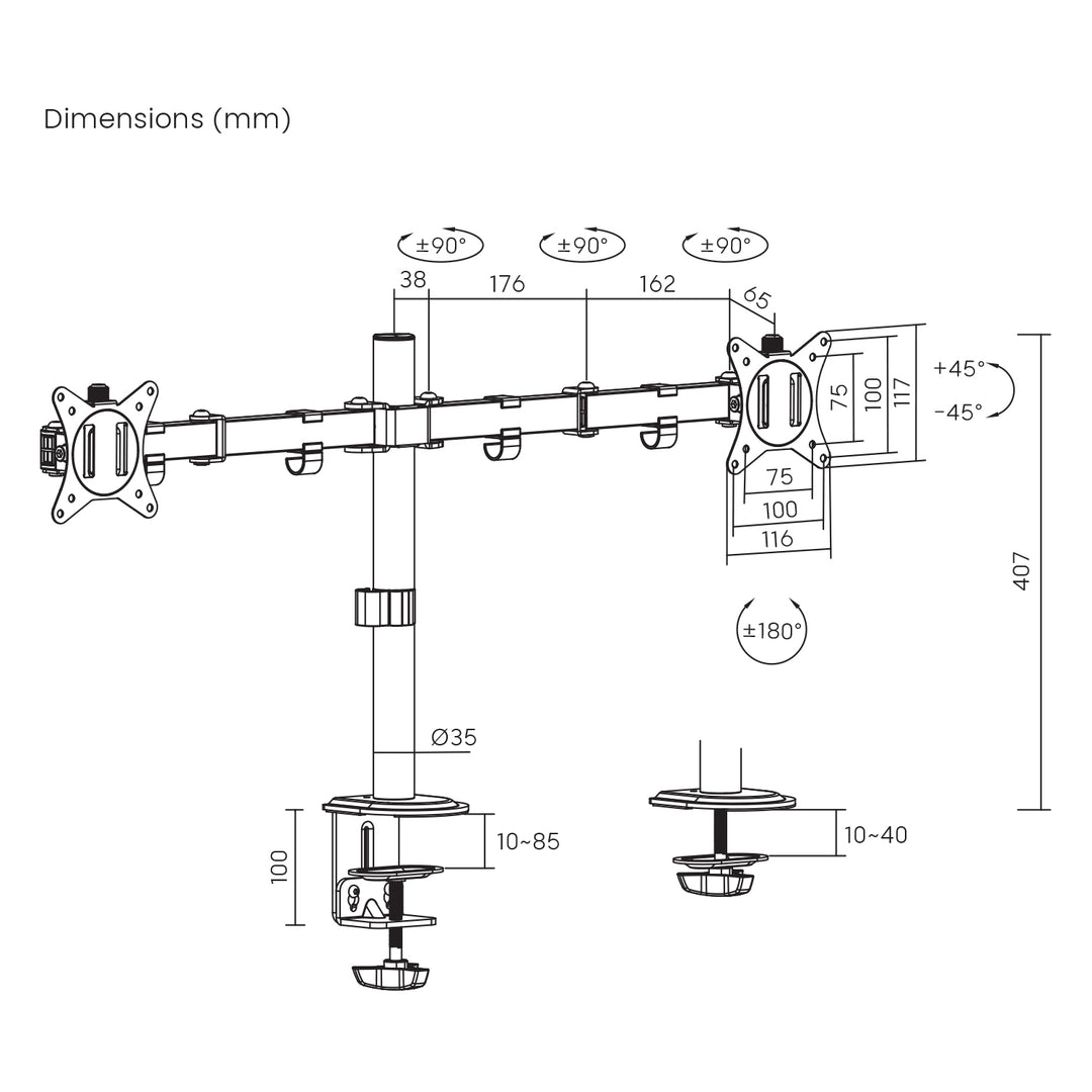 Maclean MC-754N Support de bureau pour 2 moniteurs, VESA 75x75 et 100x100, 17-32", 2x 9kg,