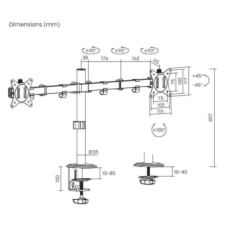 Maclean MC-754N Soporte de Sobremesa para 2 Monitores, VESA 75x75 y 100x100, 17-32", Carga max. 2x 9kg