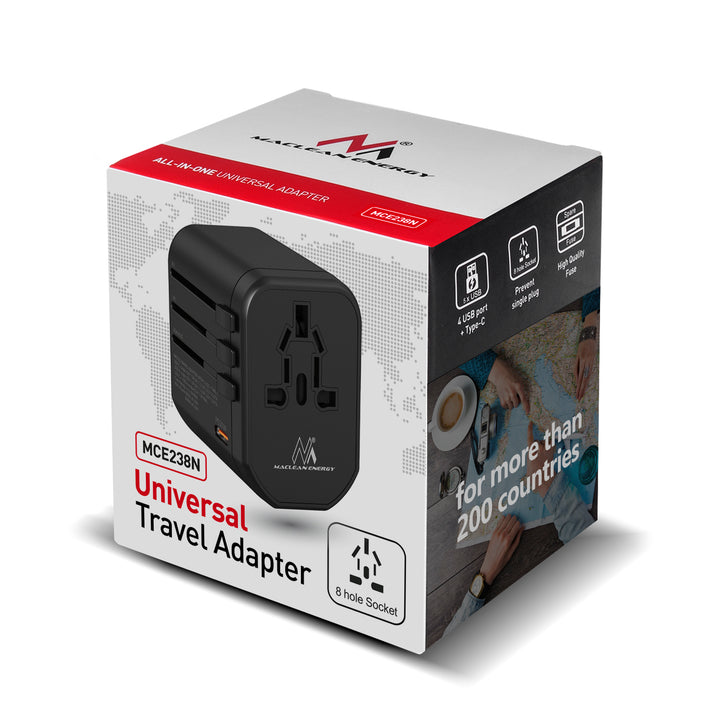 Adaptateur de voyage Maclean, adaptateur d'alimentation USB, 2xUSB 3A + USB-C PD 20W, fusible 8A, charge rapide et rapide, 200 pays dans le monde, MCE238N.