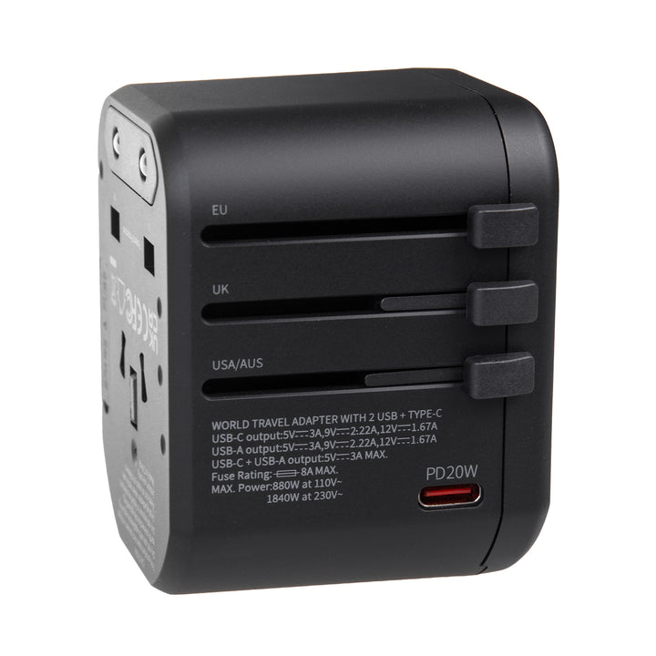 Maclean MCE238N Adaptador de Viaje, Adaptador de Corriente USB, 2xUSB 3A + USB-C PD 20W, Fusible 8A, Carga rápida y rápida, 200 países en todo el mundo