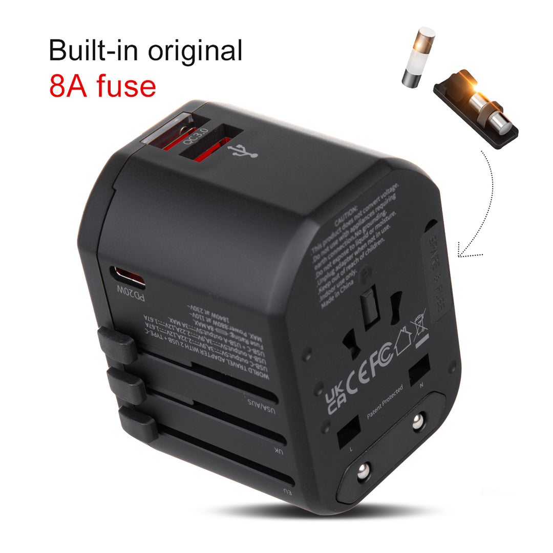 Maclean MCE238N Universal Travel Power Adapter USB 2xUSB 3A + USB-C PD 20W, 8A Fuse, Quick and Fast Charge 200 Countries Worldwide