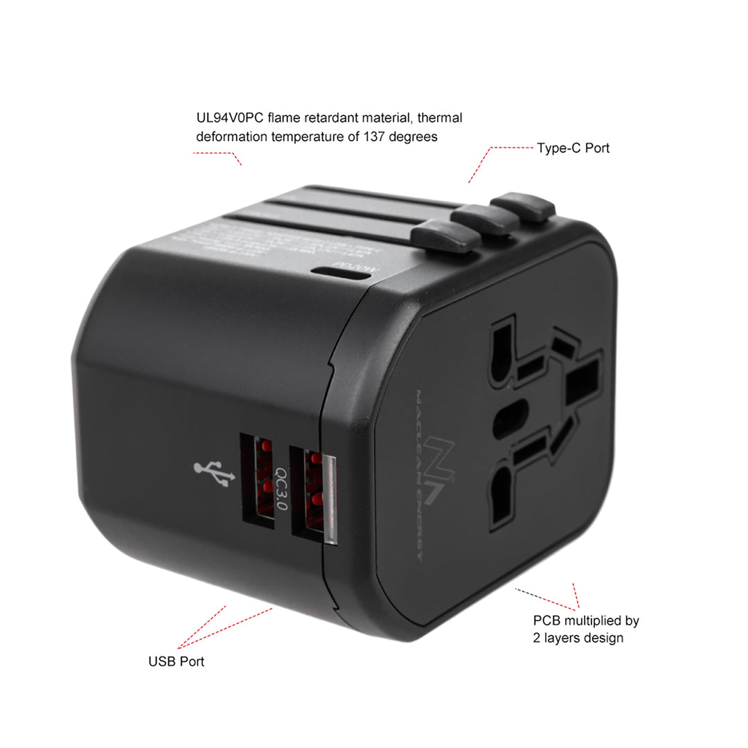 Maclean travel adapter, USB power adapter, 2xUSB 3A + USB-C PD 20W, 8A fuse, Quick and Fast Charge, 200 countries worldwide, MCE238N