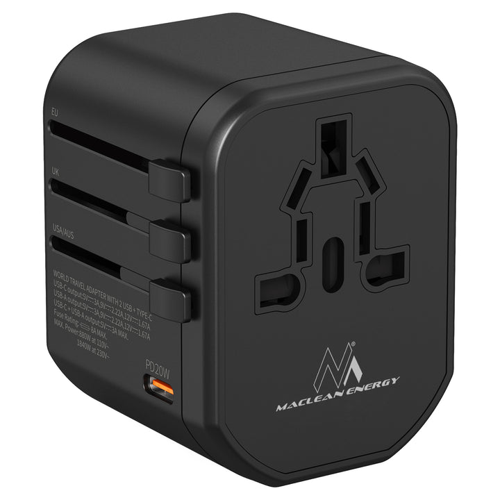 Adaptateur de voyage Maclean, adaptateur d'alimentation USB, 2xUSB 3A + USB-C PD 20W, fusible 8A, charge rapide et rapide, 200 pays dans le monde, MCE238N.