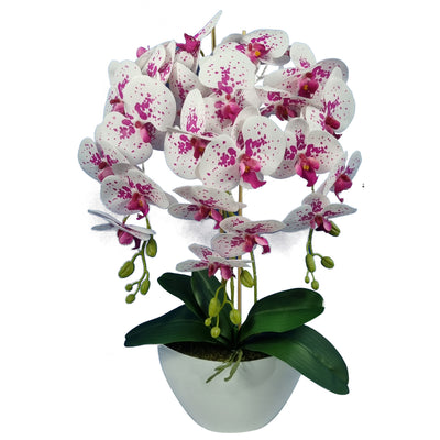 Damich künstliche Schmetterlings Orchidee in Blumenkolpe Pflanze Pflanzer Dekoration 3 Blütezweige 60 cm weiß rote Real aussehen