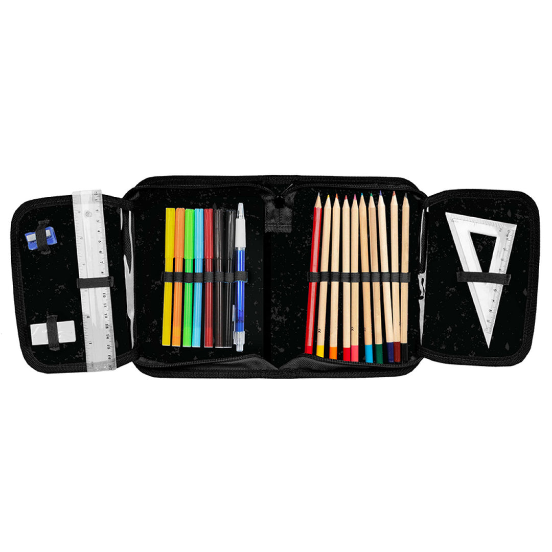 Paso PP23SA-P001 NASA Pencil Case with Accessories 22-Piece Set School Equipped Two Flaps Zipper Flat