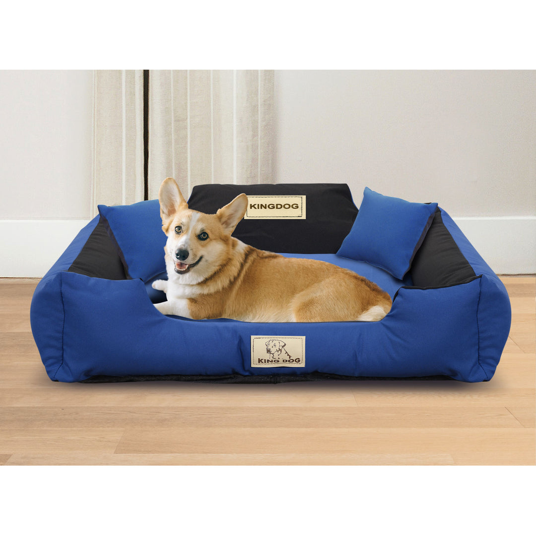 KingDog Panama Stretch Dog Bed Playpen Anti-slip Blue with Black Two Small Pillows in the Set 75x65 cm