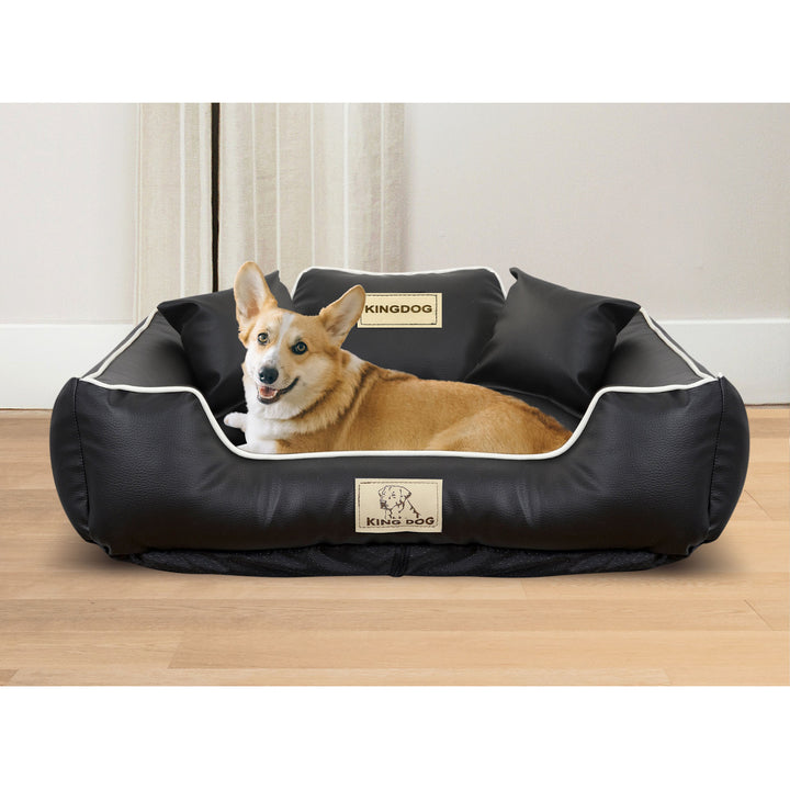 KingDog Ecoshine Dog Bed Playpen Anti-slip Black with White Border Two Small Pillows in the Set 100 x 75 cm