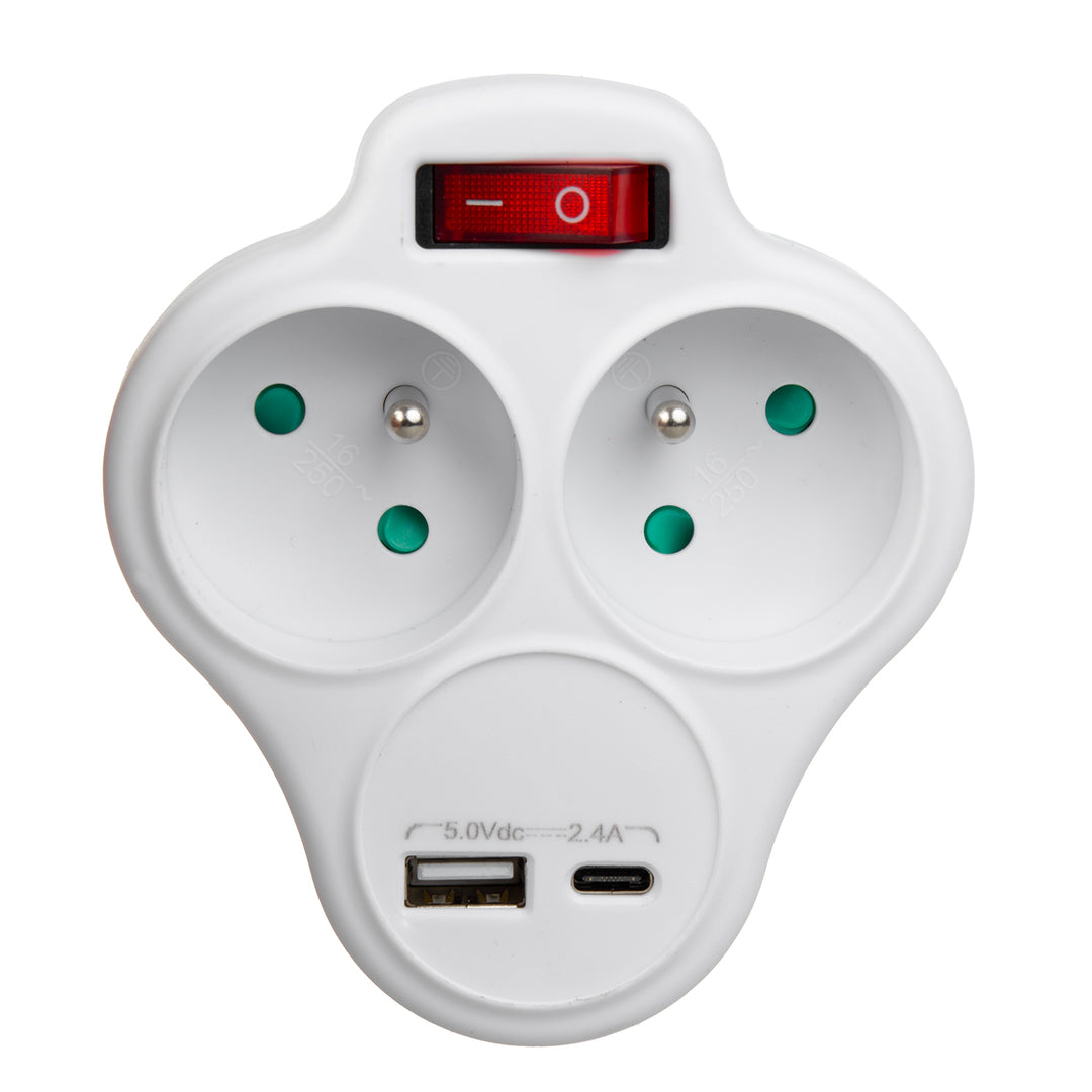 Maclean MCE336 E Toma de Corriente, Divisor con 2 Tomas y USB A/C 2,4A, tipo E, 2x16A