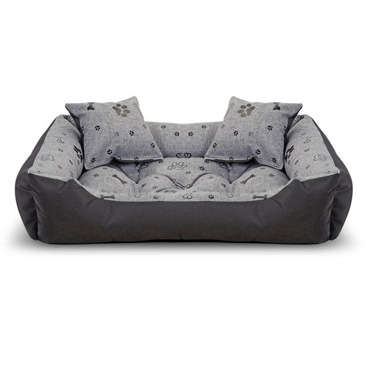 Hundebett mit Zwei Kissen Hundekissen Hundekorb Haustierbett Wasserdichtes Cordura-Gewebe Schwarze Knochen Innenmaße: 70x60cm / Außenmaße: 90x75cm