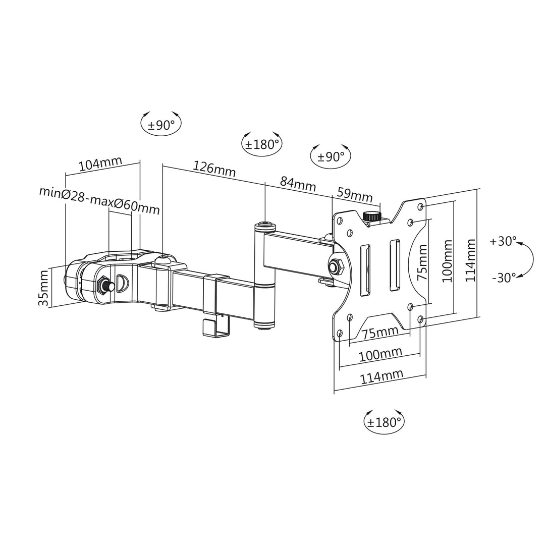 Support moniteur Maclean tube/poste 28-60mm, double bras pliant, 17-32'', 8kg max, MC-984