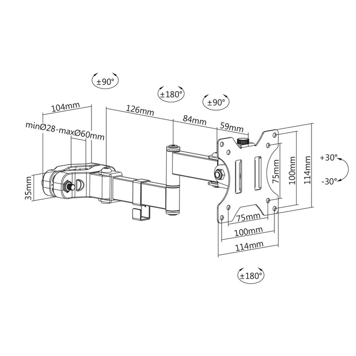 Support moniteur Maclean tube/poste 28-60mm, double bras pliant, 17-32'', 8kg max, MC-984