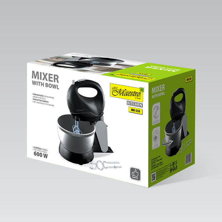 Maestro MR-550 Stand Kitchen Mixer Rotating Bowl 5 Speeds Turbo Mode 600W Black 2 Whisks Kneading Hooks