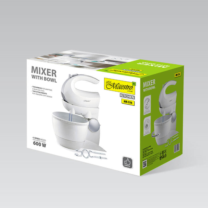 Maestro MR-556 Batidora Bol Giratorio, 5 Velocidades, Función Turbo, 600W, Blanco