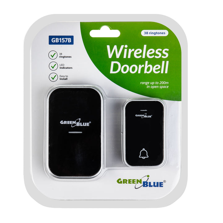 GreenBlue GB157 B Kinetic Battery-free Wireless Dorr Bell, Melodies, Black, Range up to 200m, IP44