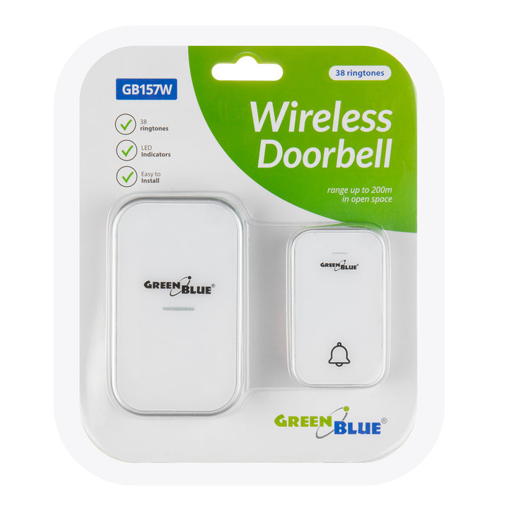 GreenBlue GB157 W Kinetic Battery-free Wireless Door Bell, Melodies, White, Range up to 200m, IP44