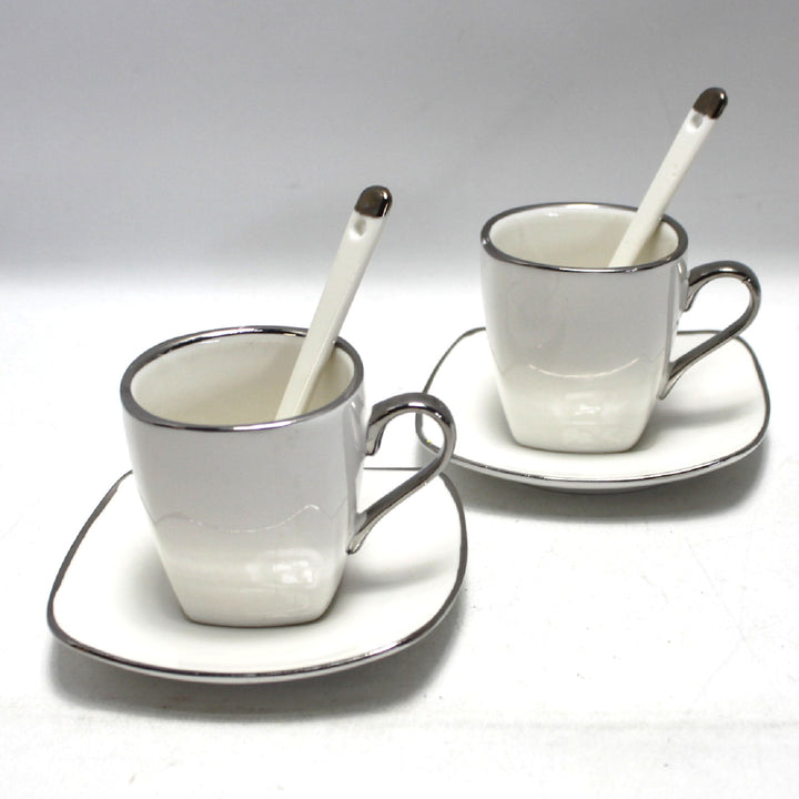 Queen Isabell Espresso Cups with Saucers 2 Piece Porcelain Set, Fine Bone China, 2x 80 ml, White with Silver