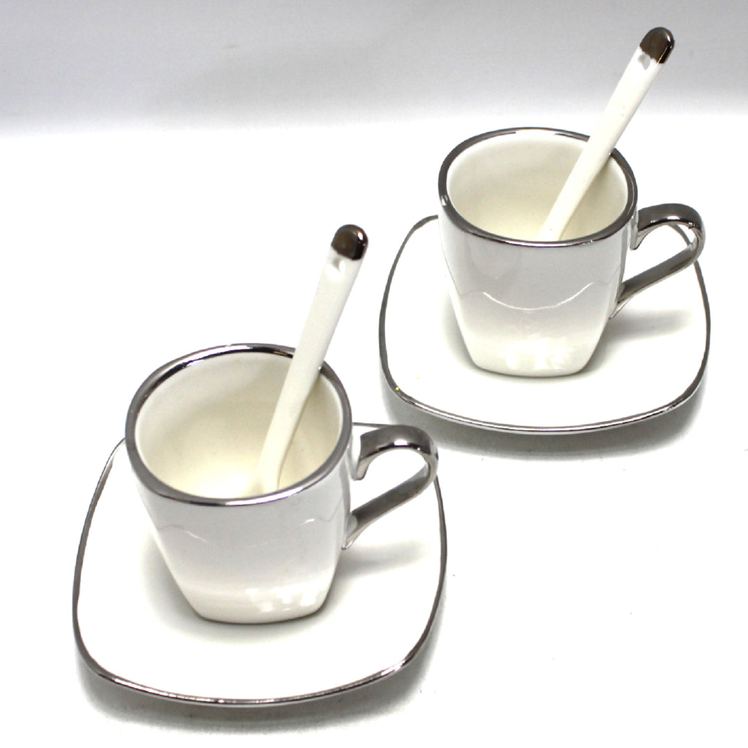 Queen Isabell Espresso Cups with Saucers 2 Piece Porcelain Set, Fine Bone China, 2x 80 ml, White with Silver