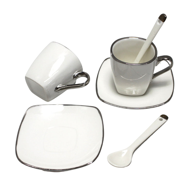 Queen Isabell Espresso Cups with Saucers 2 Piece Porcelain Set, Fine Bone China, 2x 80 ml, White with Silver