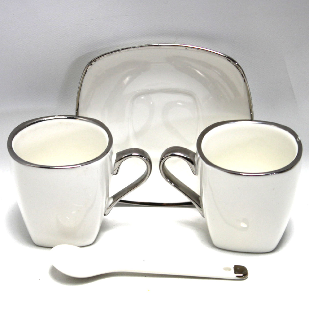 Queen Isabell Espresso Cups with Saucers 2 Piece Porcelain Set, Fine Bone China, 2x 80 ml, White with Silver